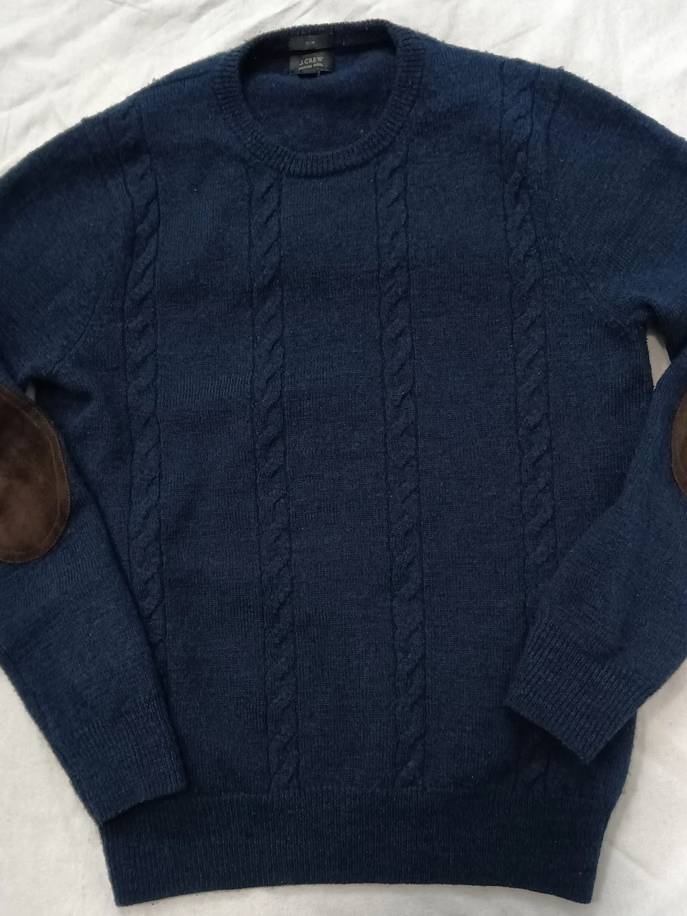 J. Crew Cable-Knit Crewneck Wool Med Slim Sweater Navy Blue Elbow Patches